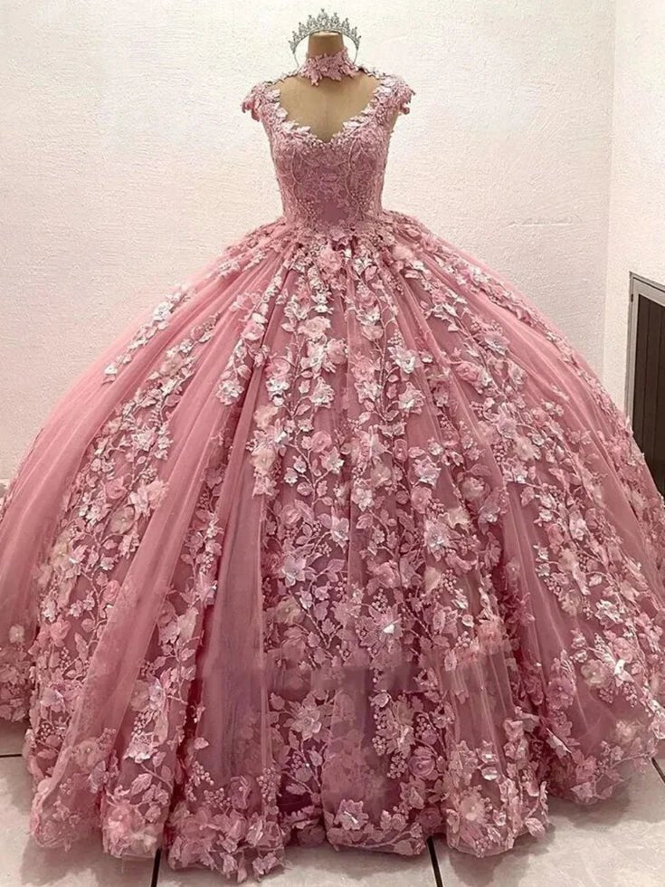 Geraldine | Elegant Corset Pink Quinceanera Flower Dresses - Pink - PromDressClub