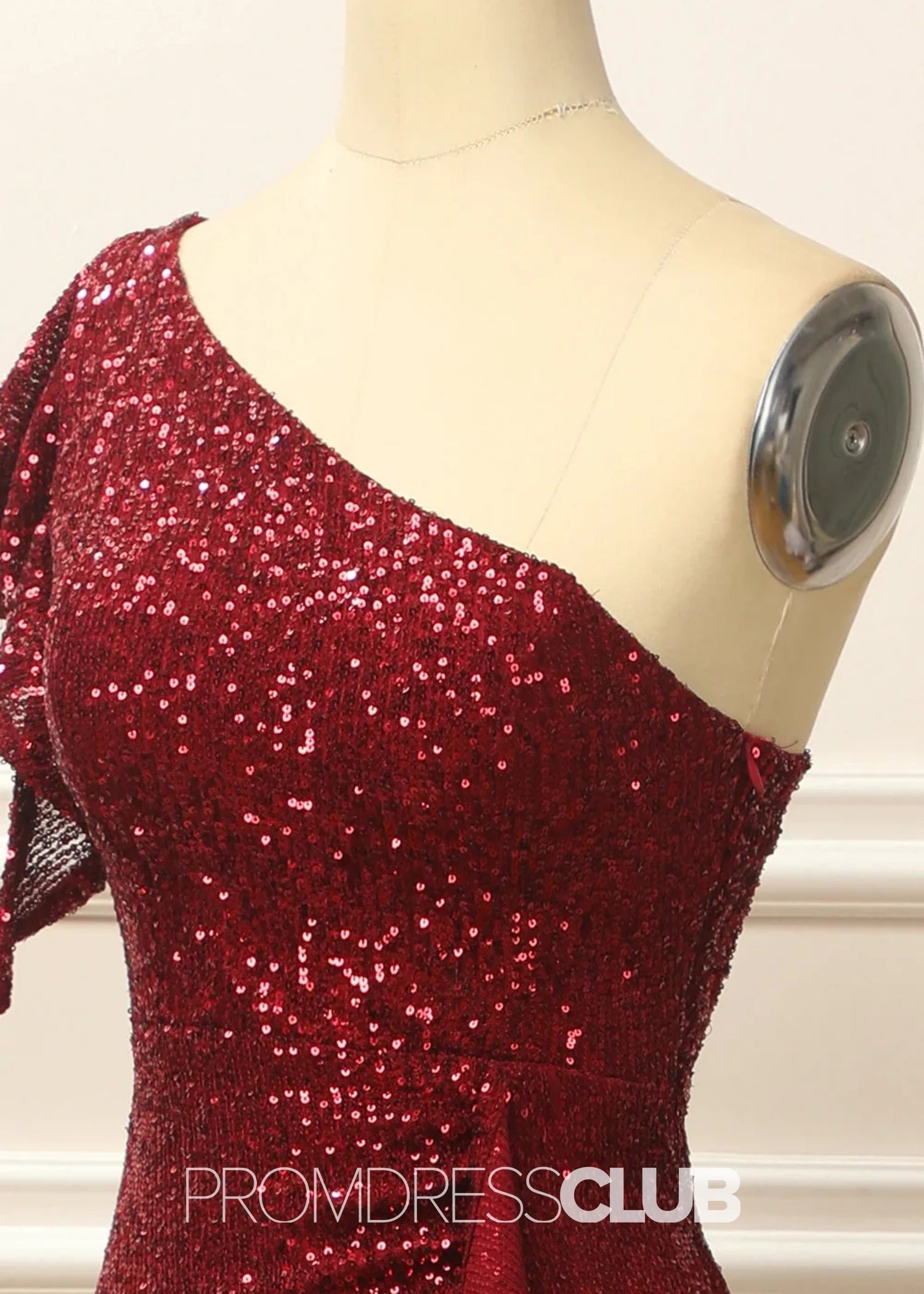 Geraldine |Long Burgundy Prom Dresses Near Me With Mermaid Sequins One Shoulder - Burgundy - PromDressClub