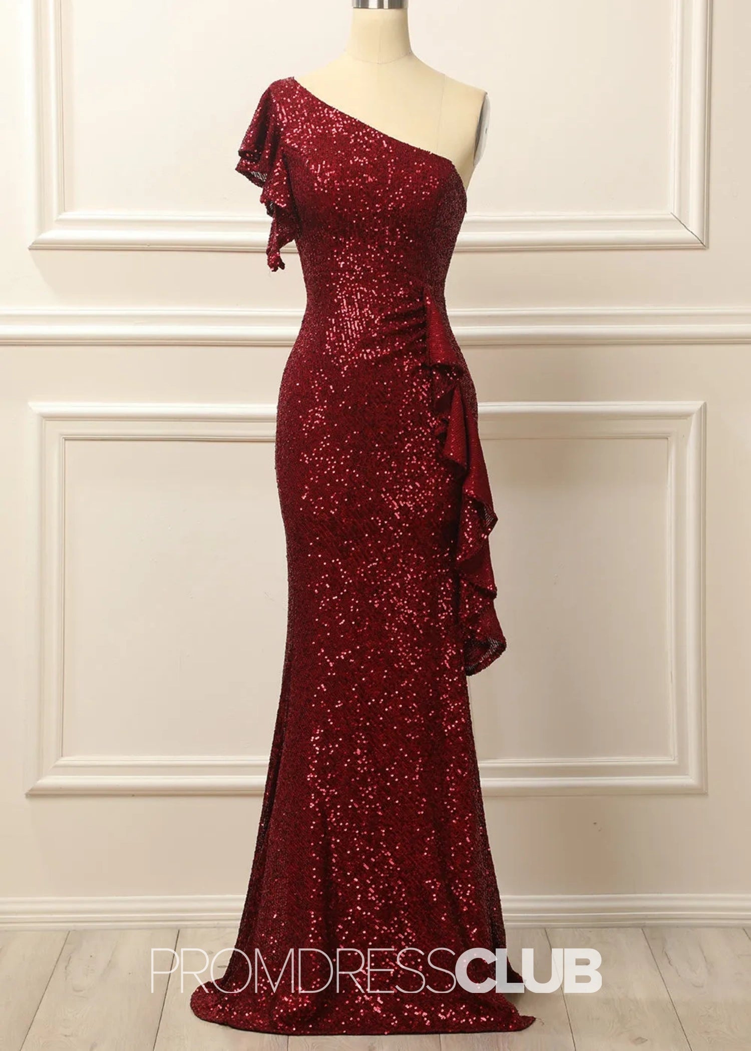 Geraldine |Long Burgundy Prom Dresses Near Me With Mermaid Sequins One Shoulder - Burgundy - PromDressClub