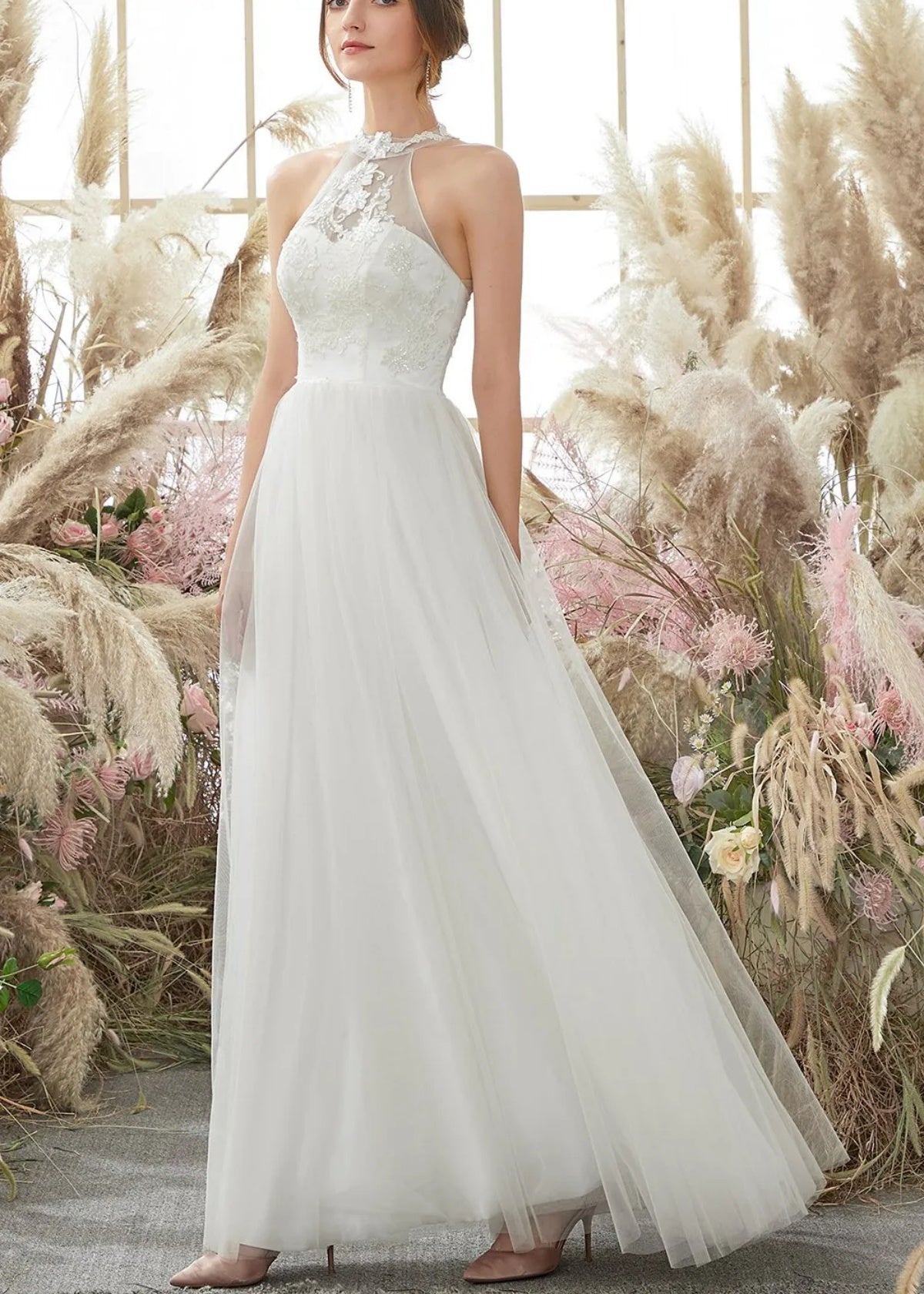 Gill | A Line Halter Neckline Open Back Long White Tulle Wedding Dress - Price #price_variant_lowest# - White - PromDressClub