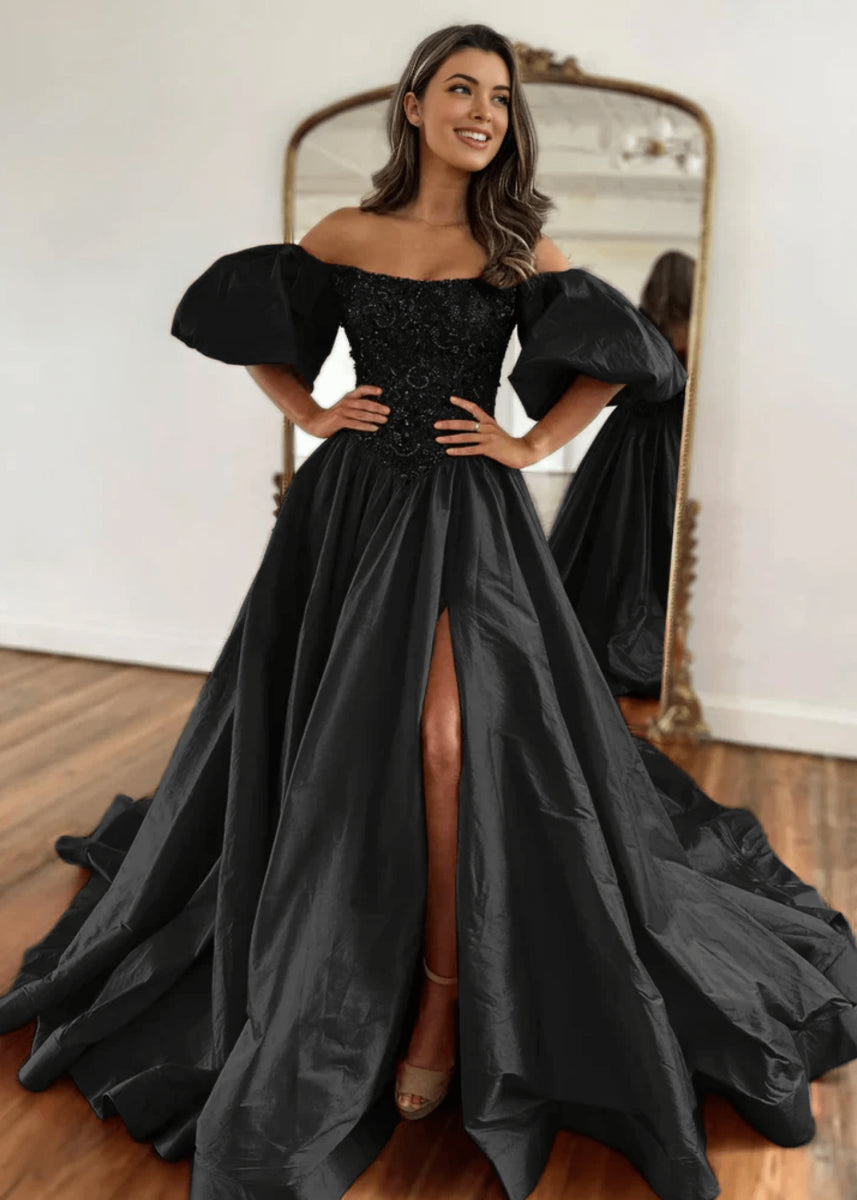 Gladys | A Line Long Red Black Strapless Off the Shoulder Satin Slit Formal dress with Puffy Sleeves - Black - PromDressClub