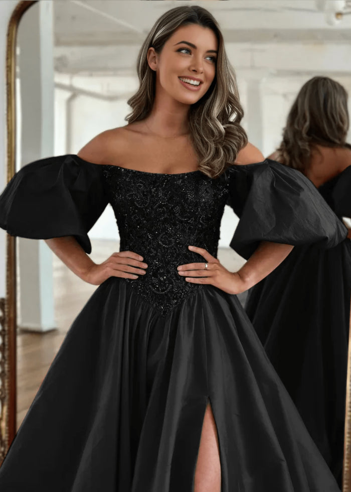 Gladys | A Line Long Red Black Strapless Off the Shoulder Satin Slit Formal dress with Puffy Sleeves - Black - PromDressClub