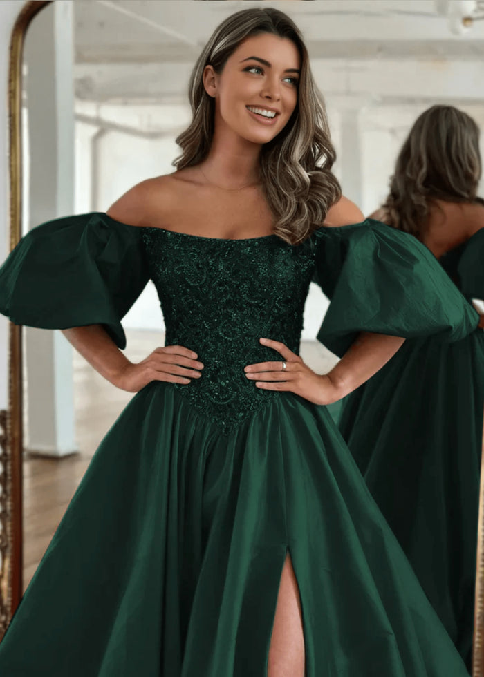 Gladys | A Line Long Red Black Strapless Off the Shoulder Satin Slit Formal dress with Puffy Sleeves - Dark Green - PromDressClub
