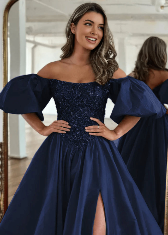 Gladys | A Line Long Red Black Strapless Off the Shoulder Satin Slit Formal dress with Puffy Sleeves - Navy Blue - PromDressClub