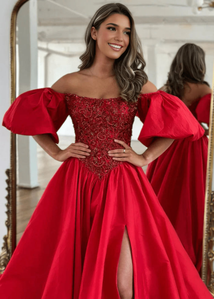 Gladys | A Line Long Red Black Strapless Off the Shoulder Satin Slit Formal dress with Puffy Sleeves - Red - PromDressClub