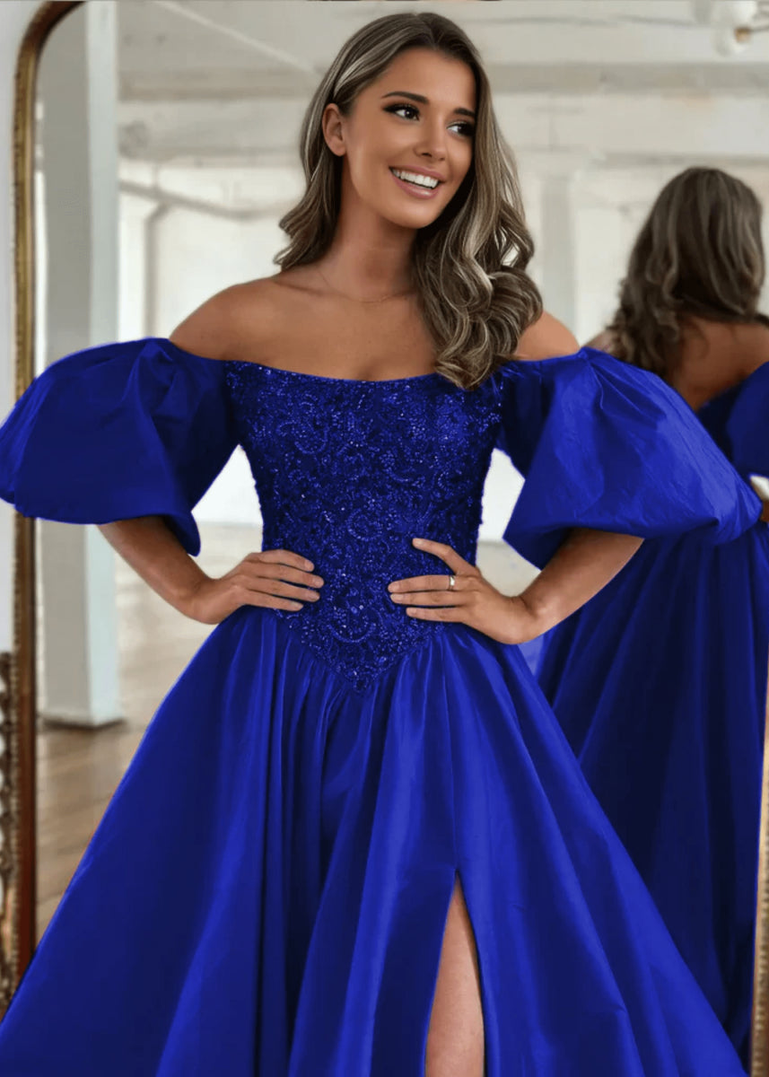 Gladys | A Line Long Red Black Strapless Off the Shoulder Satin Slit Formal dress with Puffy Sleeves - Royal Blue - PromDressClub