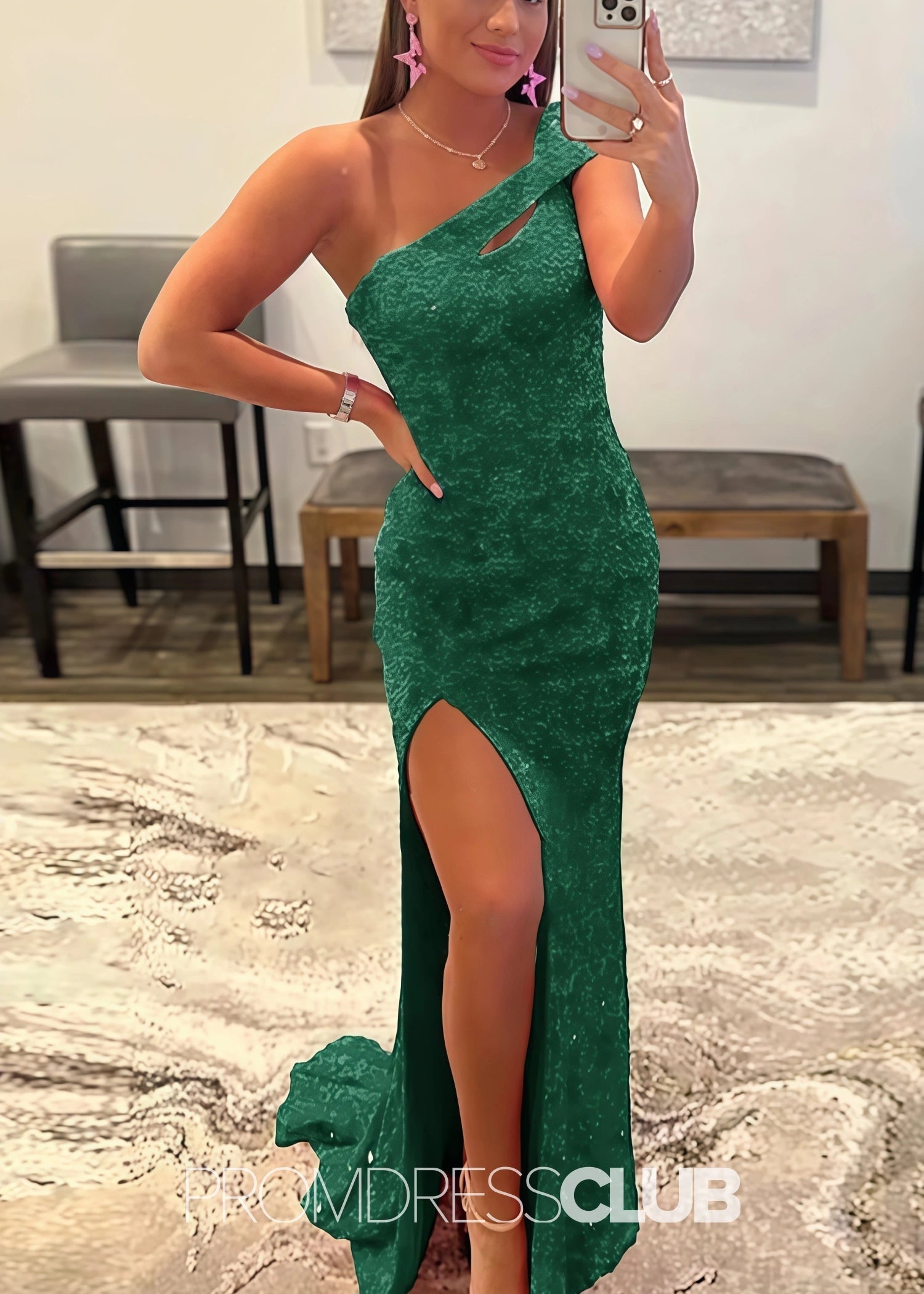 Gladys |Long Black Prom Dresses Near Me With Mermaid One Shoulder Sequins Split Formal Dresses - Dark Green - PromDressClub