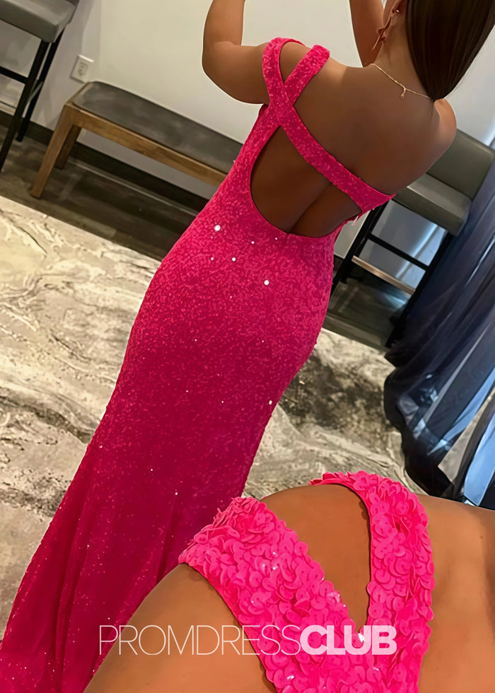 Gladys |Long Black Prom Dresses Near Me With Mermaid One Shoulder Sequins Split Formal Dresses - Fuchsia - PromDressClub