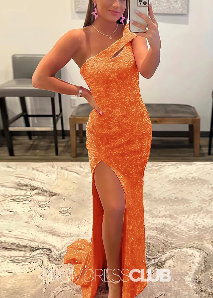 Gladys |Long Black Prom Dresses Near Me With Mermaid One Shoulder Sequins Split Formal Dresses - Price #price_variant_lowest# - Orange - PromDressClub