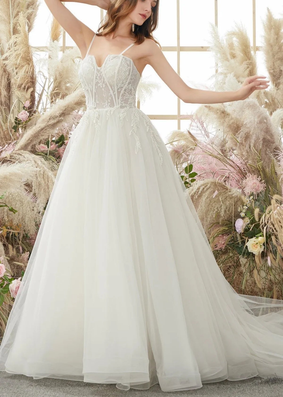 Gladys | Spaghetti Strap Corset Backless Ivory Wedding Dress with Appliques Lace - Price #price_variant_lowest# - White - PromDressClub