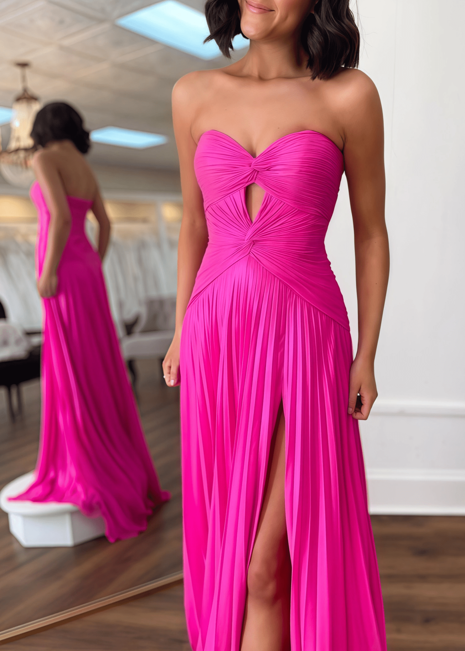 Gloria | Hot Pink A Line Strapless Corset Chiffon Formal Dress with Slit - Hot Pink - PromDressClub