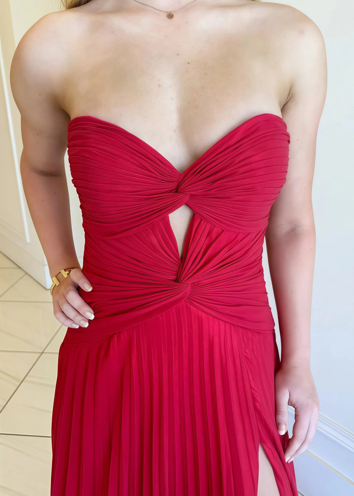 Gloria | Hot Pink A Line Strapless Corset Chiffon Formal Dress with Slit - Red - PromDressClub