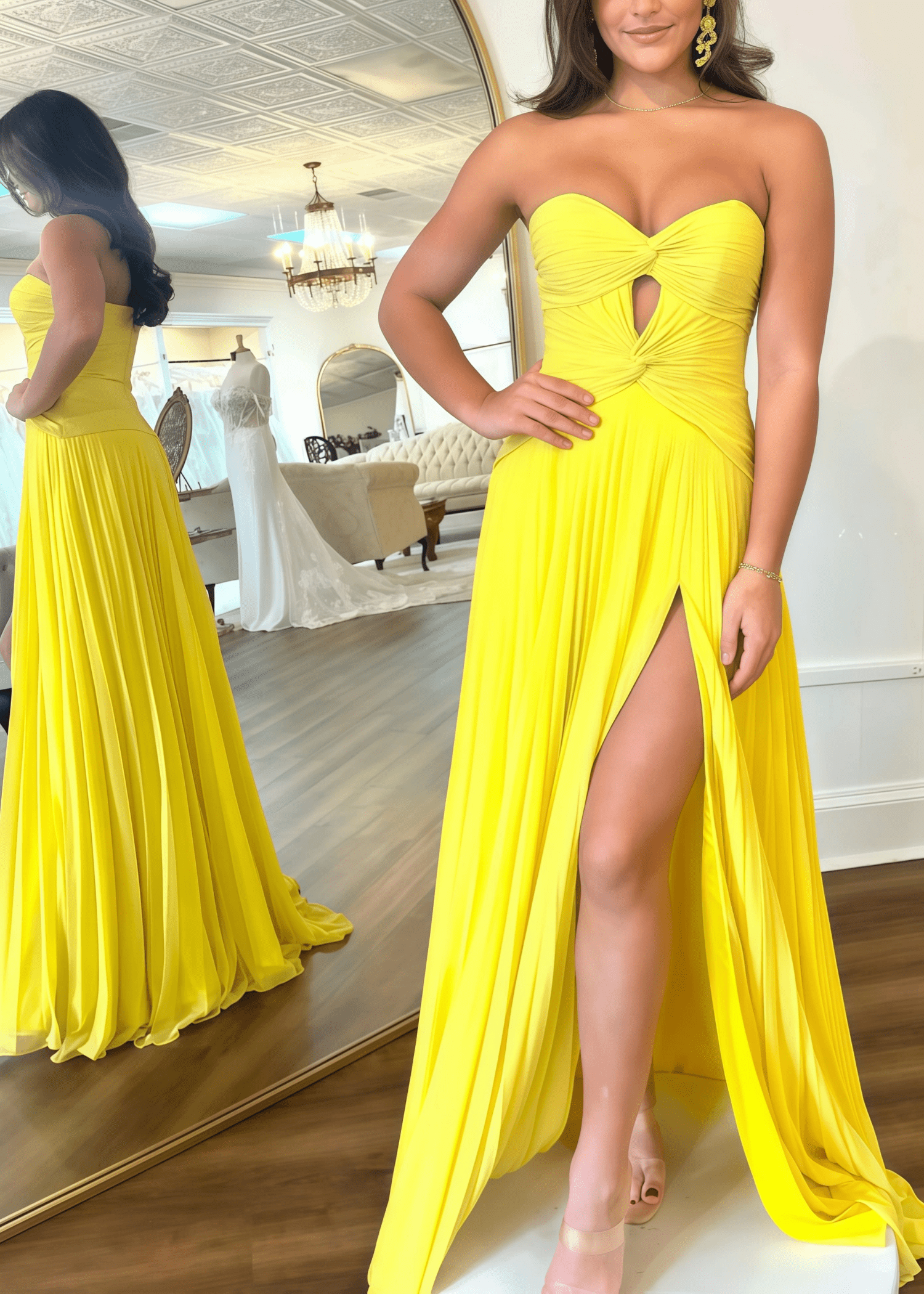 Gloria | Hot Pink A Line Strapless Corset Chiffon Formal Dress with Slit - Yellow - PromDressClub