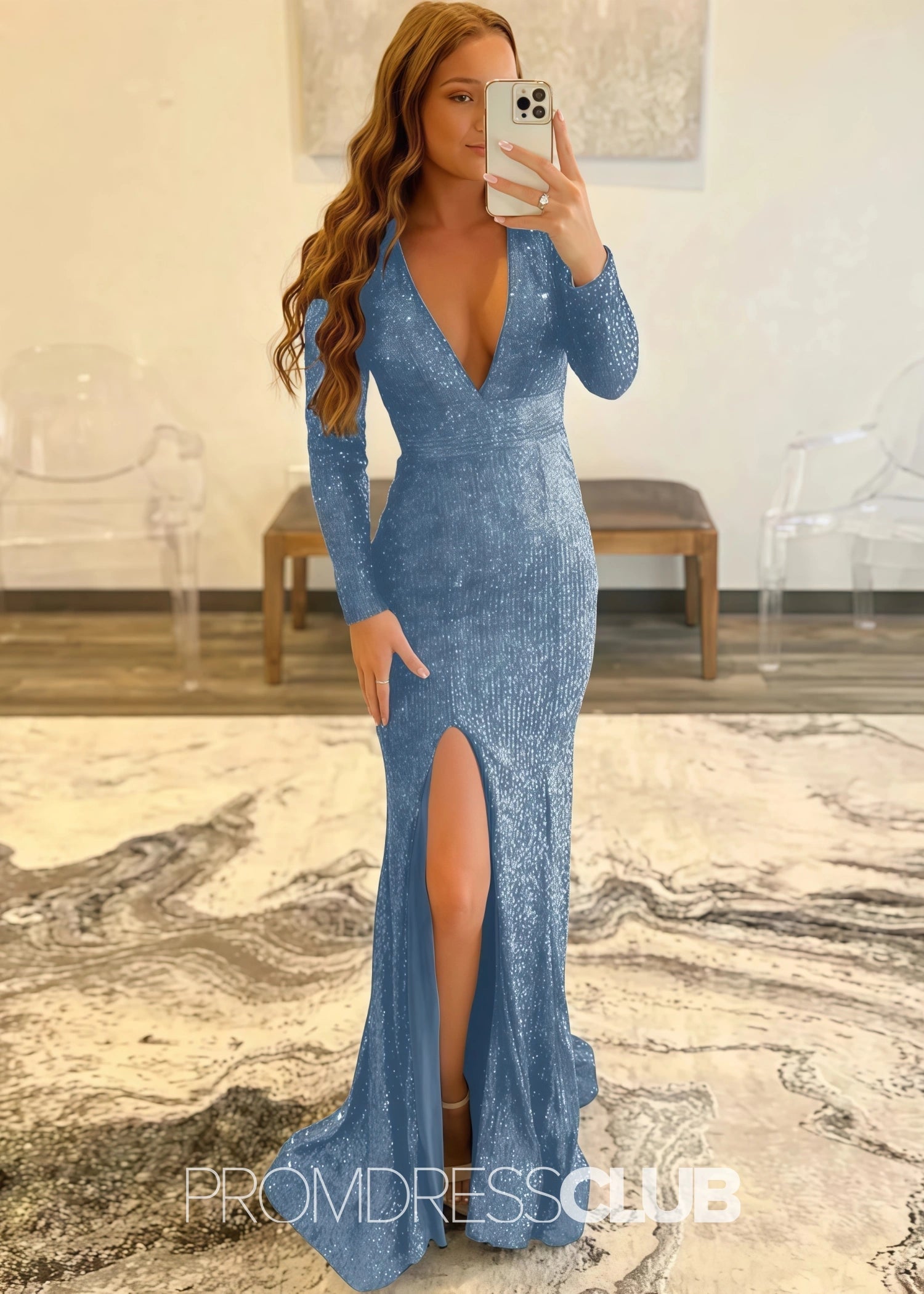 Gloria |Long Red Prom Dresses Near Me With Mermaid Deep V Neck Front Split Formal Dresses - Price #price_variant_lowest# - Dusty Blue - PromDressClub