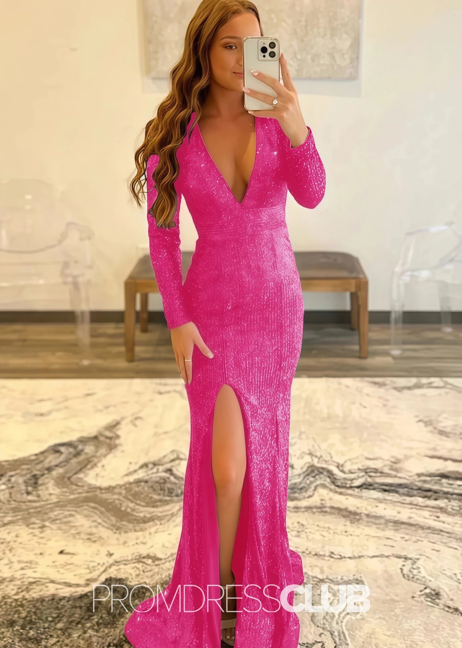 Gloria |Long Red Prom Dresses Near Me With Mermaid Deep V Neck Front Split Formal Dresses - Price #price_variant_lowest# - Fuchsia - PromDressClub