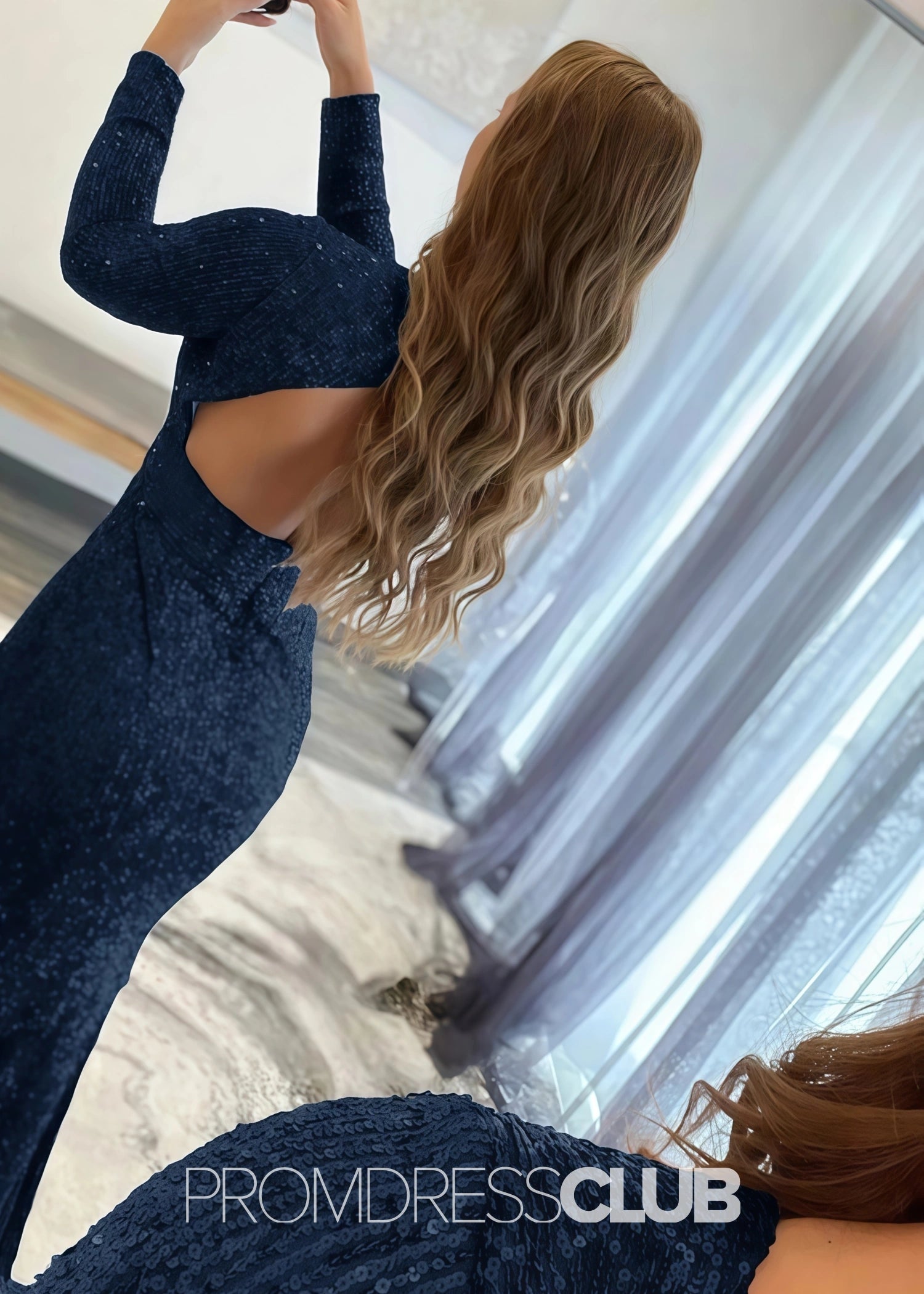 Gloria |Long Red Prom Dresses Near Me With Mermaid Deep V Neck Front Split Formal Dresses - Price #price_variant_lowest# - Navy Blue - PromDressClub
