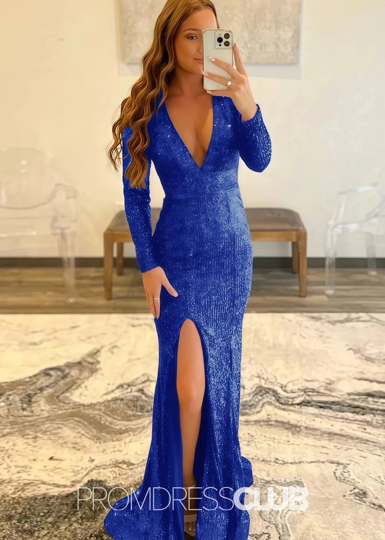Gloria |Long Red Prom Dresses Near Me With Mermaid Deep V Neck Front Split Formal Dresses - Price #price_variant_lowest# - Royal Blue - PromDressClub