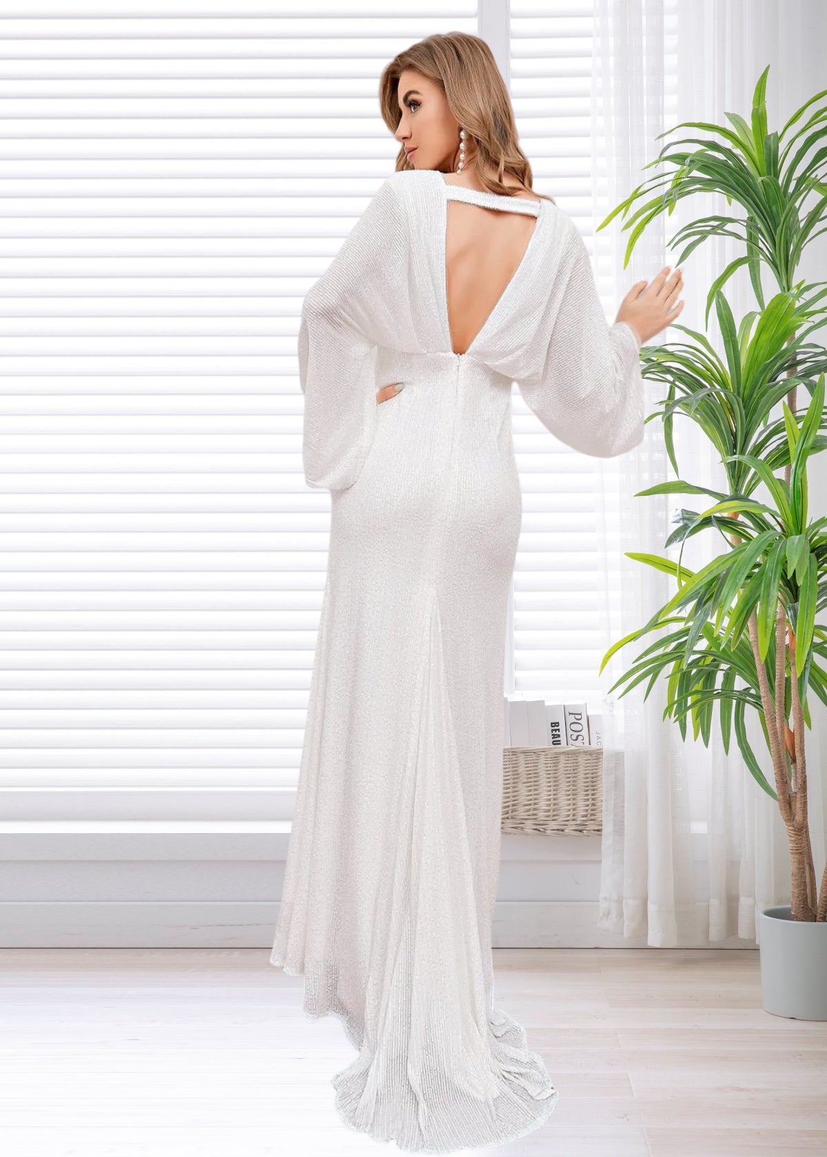 Gloria | White Sheath V Neck Long Sleeve Corset Wedding Reception Dress with Backless - Price #price_variant_lowest# - White - PromDressClub