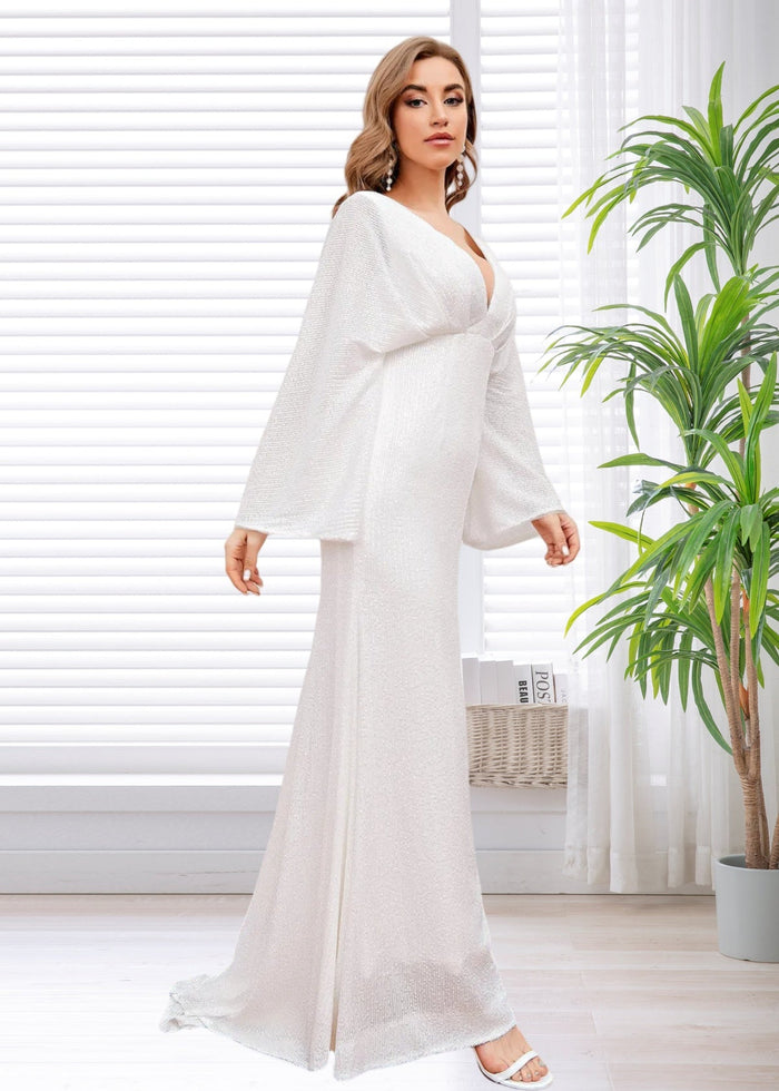 Gloria | White Sheath V Neck Long Sleeve Corset Wedding Reception Dress with Backless - Price #price_variant_lowest# - White - PromDressClub