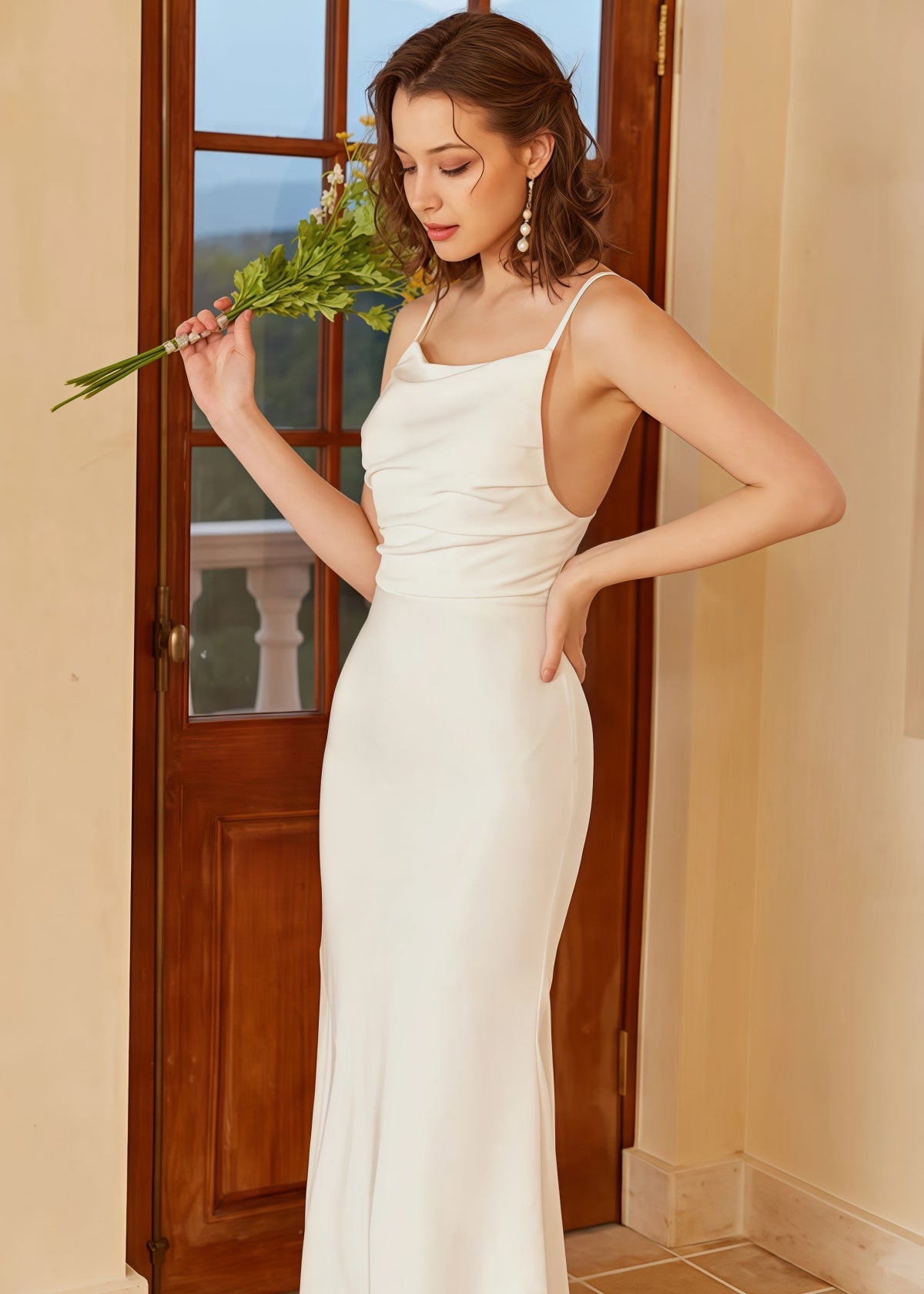 Grace | Boho Mermaid Square Neck Spaghetti Strap White Satin Wedding Dress with Backless - Price #price_variant_lowest# - White - PromDressClub