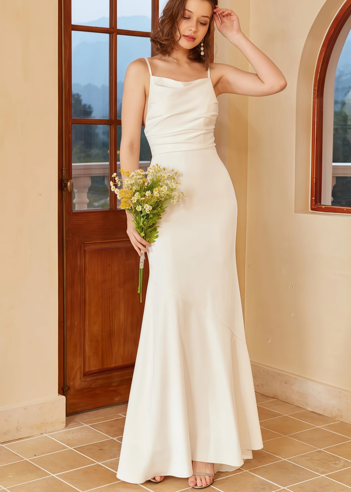 Grace | Boho Mermaid Square Neck Spaghetti Strap White Satin Wedding Dress with Backless - White - PromDressClub