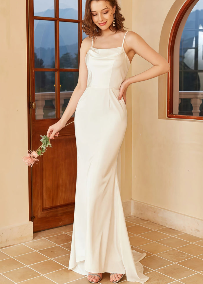 Griselda | Mermaid Boho Spaghetti Strap Open Back Satin Wedding Reception Dress with Train - Price #price_variant_lowest# - White - PromDressClub