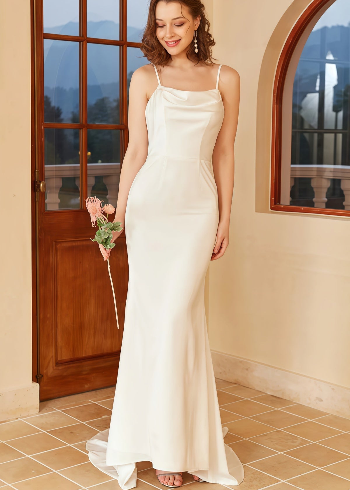 Griselda | Mermaid Boho Spaghetti Strap Open Back Satin Wedding Reception Dress with Train - Price #price_variant_lowest# - White - PromDressClub