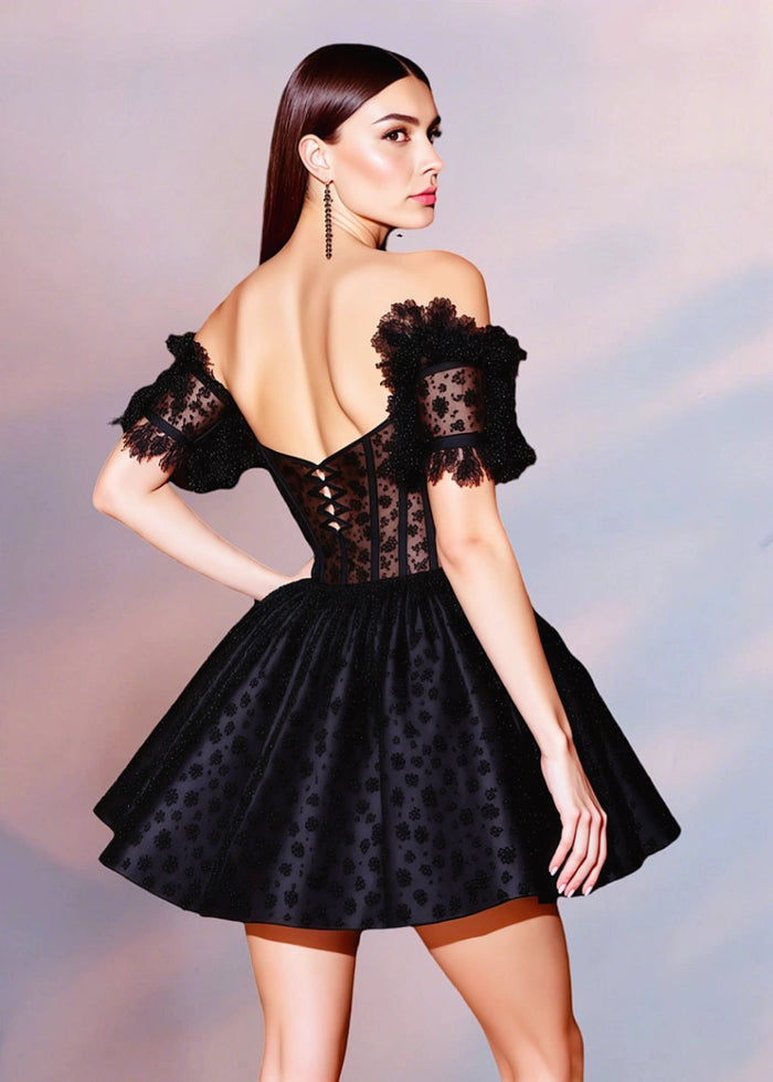 Guilhemine | Stunning Black Homecoming Dress: Off the Shoulder Charm - Black - PromDressClub