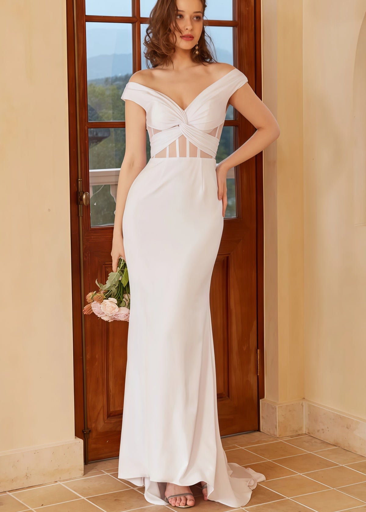 Gustave | Beach Off the Shoulder Backless White Wedding Guset Dress with Train - Price #price_variant_lowest# - White - PromDressClub