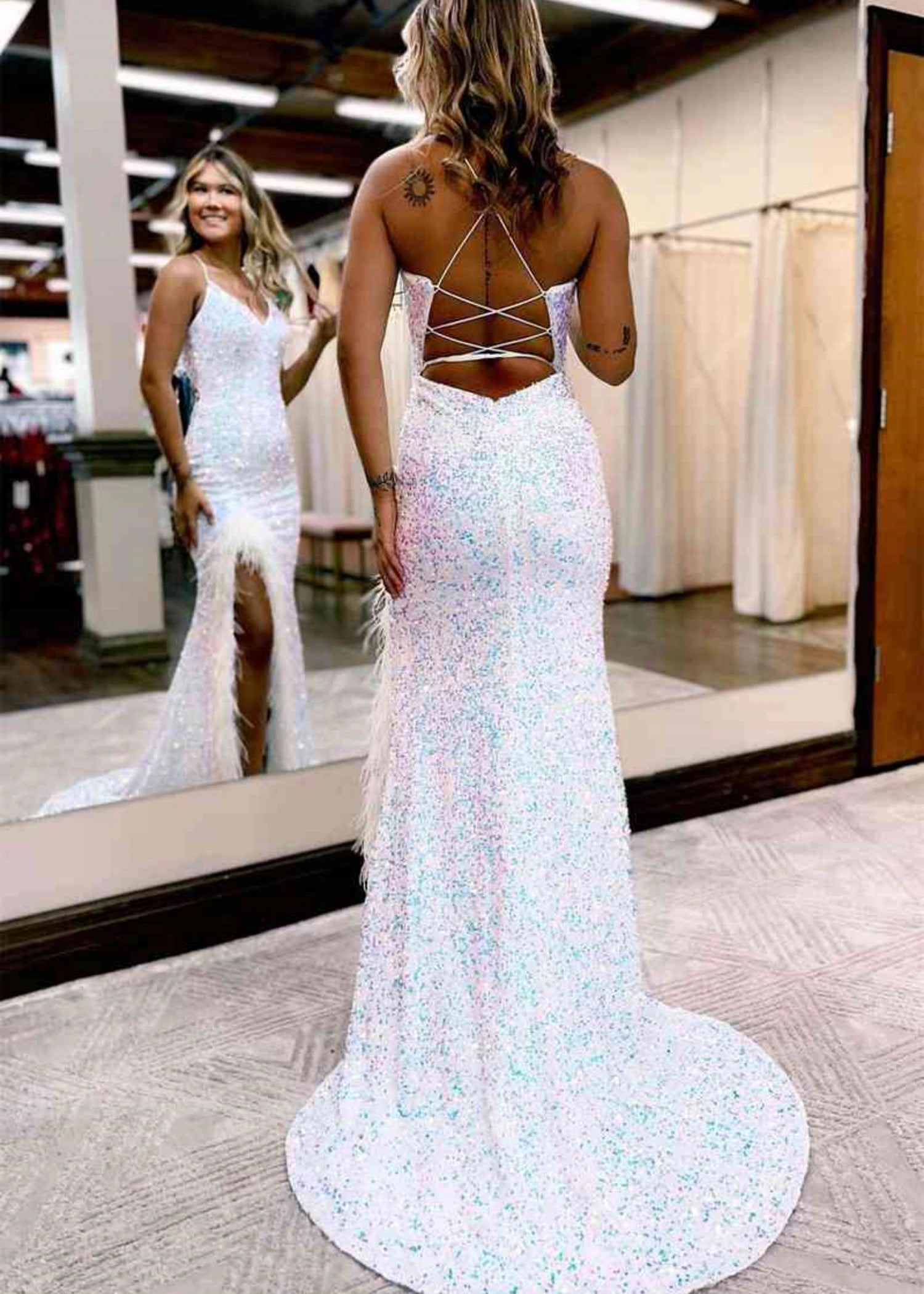 Gustave | Royal Blue Black Mermaid V Neck Sequin Feather Formal Dress with Slit - White - PromDressClub