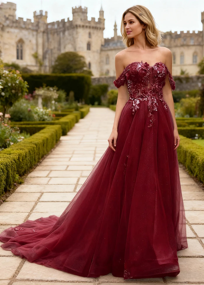 Gwen Burgundy 3D Flower Off Shoulder Prom Dress | A - Line Sweetheart Neckline Corset Tulle Formal Dress - Burgundy - PromDressClub