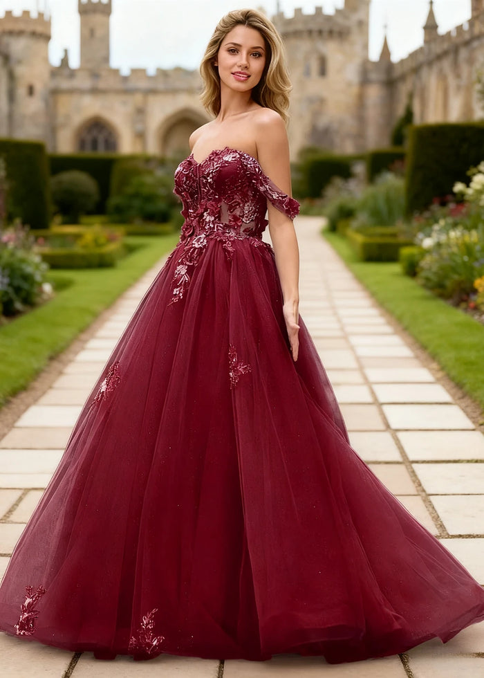 Gwen Burgundy 3D Flower Off Shoulder Prom Dress | A - Line Sweetheart Neckline Corset Tulle Formal Dress - Burgundy - PromDressClub