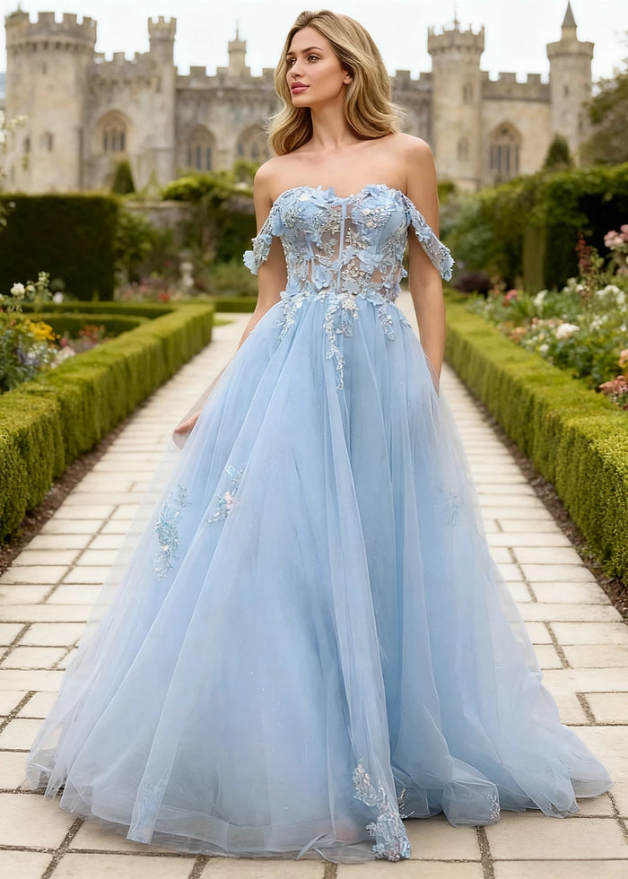 Gwen Light Blue 3D Flower Off Shoulder Prom Dress | A - Line Sweetheart Neckline Corset Tulle Formal Dress - Light Blue - PromDressClub