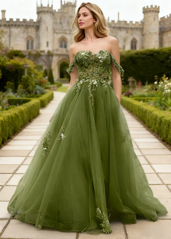 Gwen Olive Green 3D Flower Off Shoulder Prom Dress | A - Line Sweetheart Neckline Corset Tulle Formal Dress - Olive Green - PromDressClub