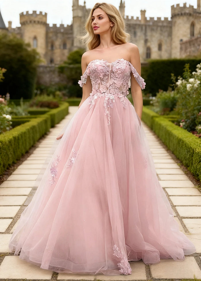 Gwen Pink 3D Flower Off Shoulder Prom Dress | A - Line Sweetheart Neckline Corset Tulle Formal Dress - Pink - PromDressClub
