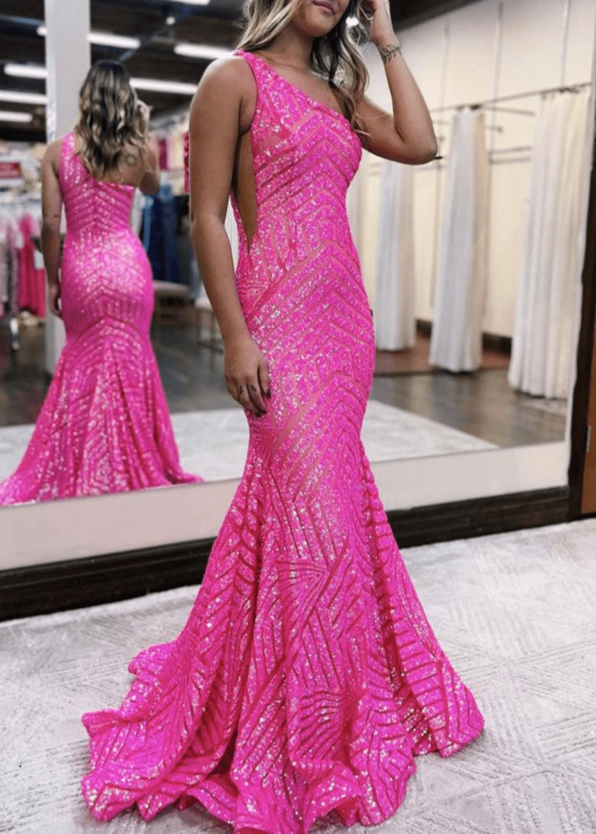 Gwendolyn | Hot Pink Orange One Shoulder Sequin Formal Dresses Mermaid - Hot Pink - PromDressClub
