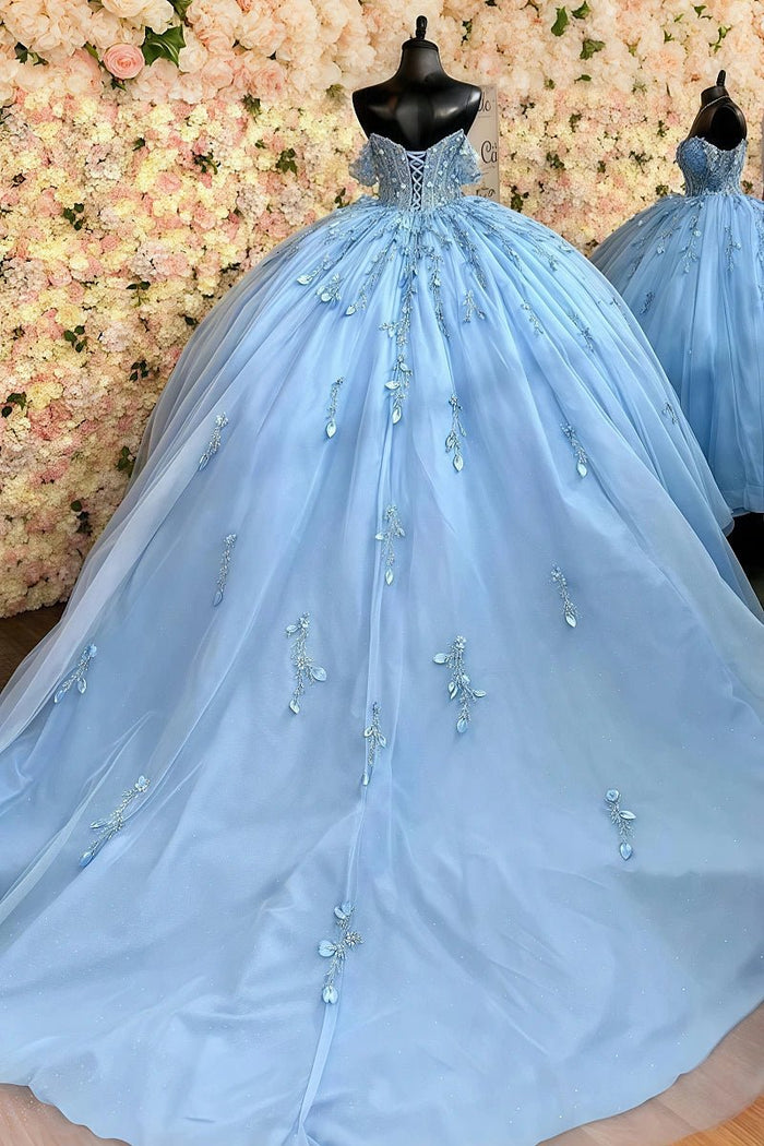 Hailey | Stunning Light Blue Flower Adorned Quince Dresses for Unforgettable Moments - Light Blue - PromDressClub