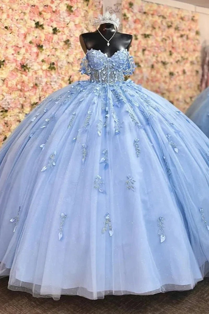Hailey | Stunning Light Blue Flower Adorned Quince Dresses for Unforgettable Moments - Light Blue - PromDressClub