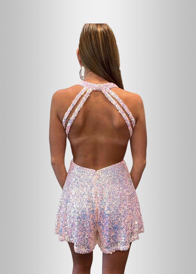 Odelia |Pink Homecoming Dresses Short/Mini Halter Off The Shoulder Sequined - Pink - PromDressClub