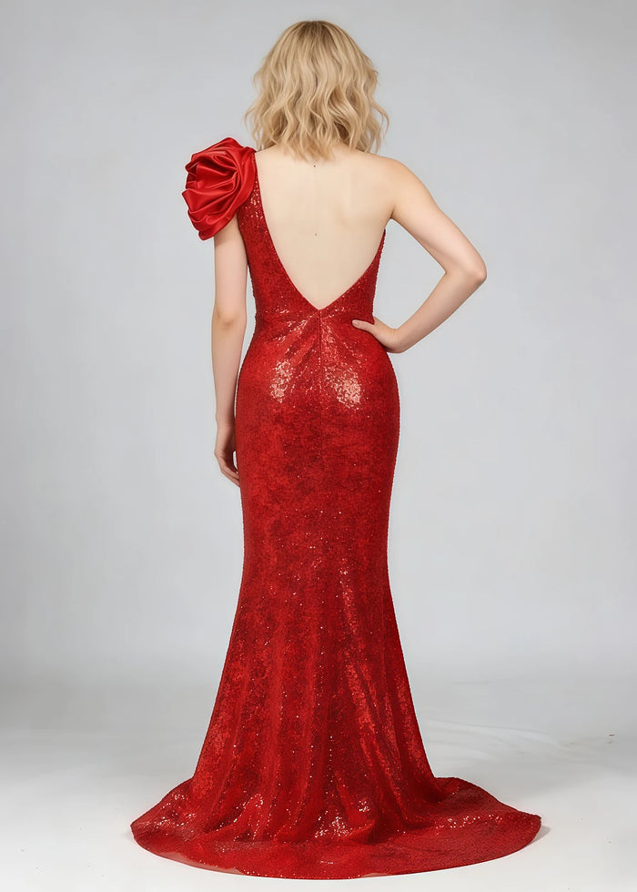 Hana Sparkly Red One Shoulder Prom Dress | Sheath Sequin 3D Flower Formal Dress with Slit - Red - PromDressClub
