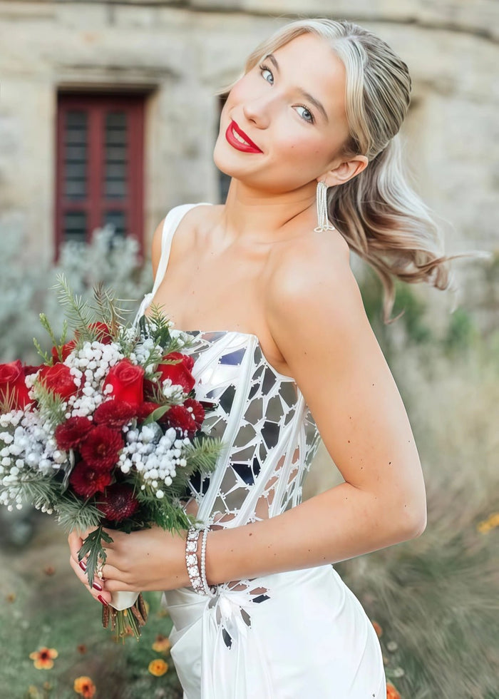 Hannah | Mermaid White Satin One Shoulder Mirror Pleated Prom Dress with Slit - White - PromDressClub