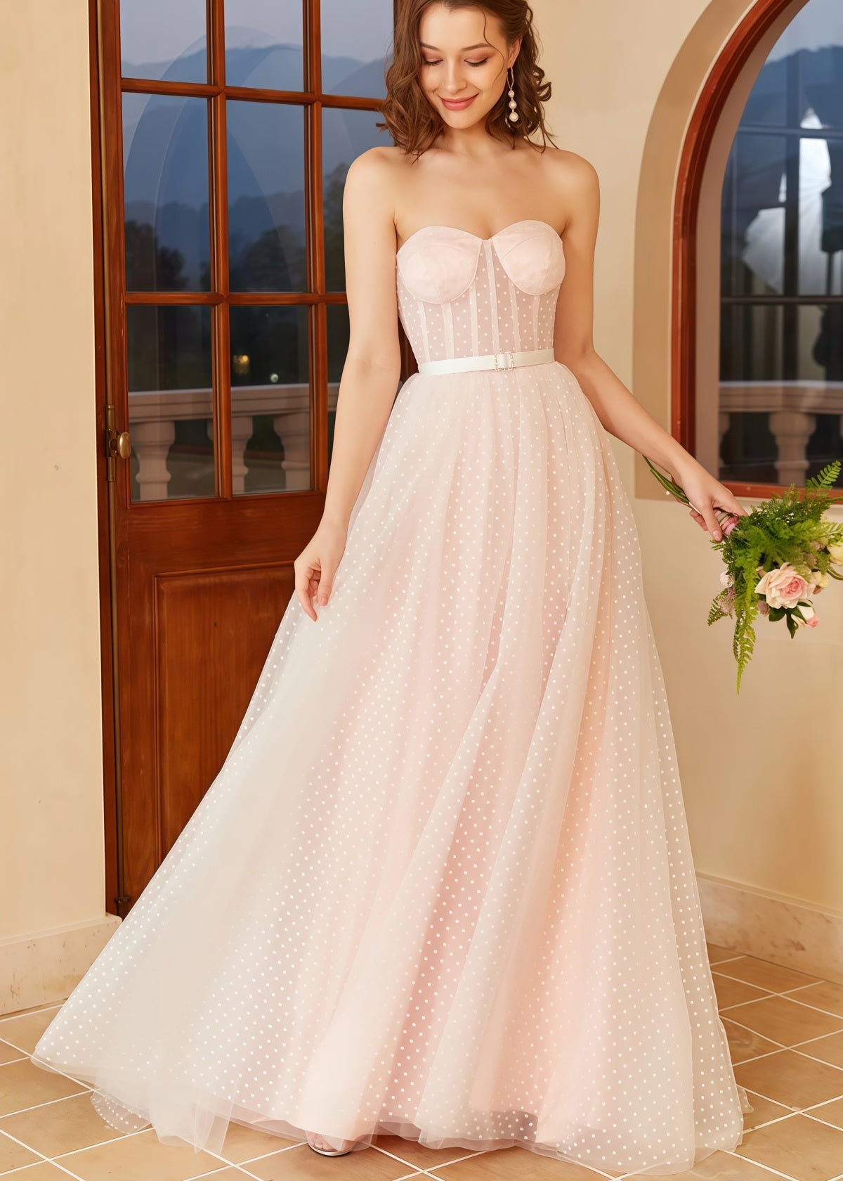 Hannah | White Pink Strapless Polka Dots Bell Sleeve Long Wedding Dress with Illusion Sheer and Belt - Price #price_variant_lowest# - White - PromDressClub
