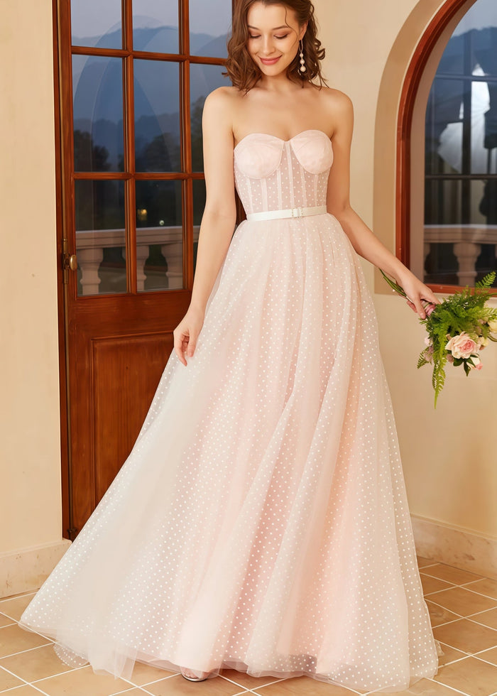 Hannah | White Pink Strapless Polka Dots Bell Sleeve Long Wedding Dress with Illusion Sheer and Belt - Price #price_variant_lowest# - White - PromDressClub