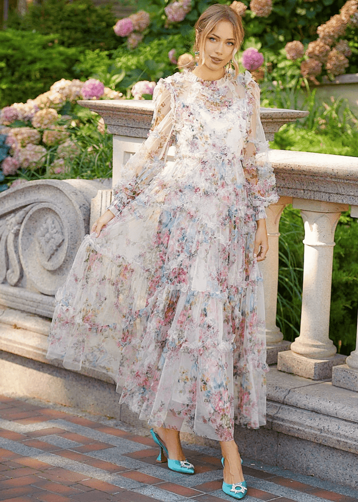 Harper | Modest White Floral Long Sleeve High Neck Prom Dress with Ruffles - White Floral - PromDressClub