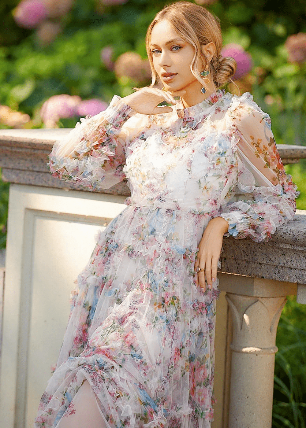 Harper | Modest White Floral Long Sleeve High Neck Prom Dress with Ruffles - White Floral - PromDressClub