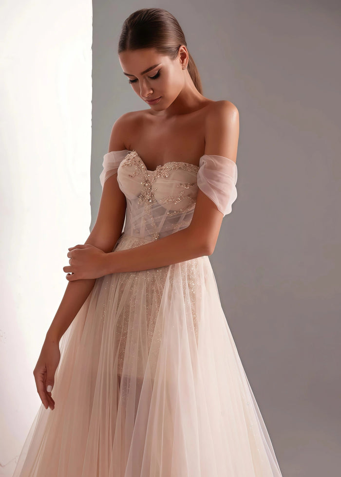 Harriet | A Line Champagne Color Tulle Corset Strapless Formal Dress - Champagne - PromDressClub