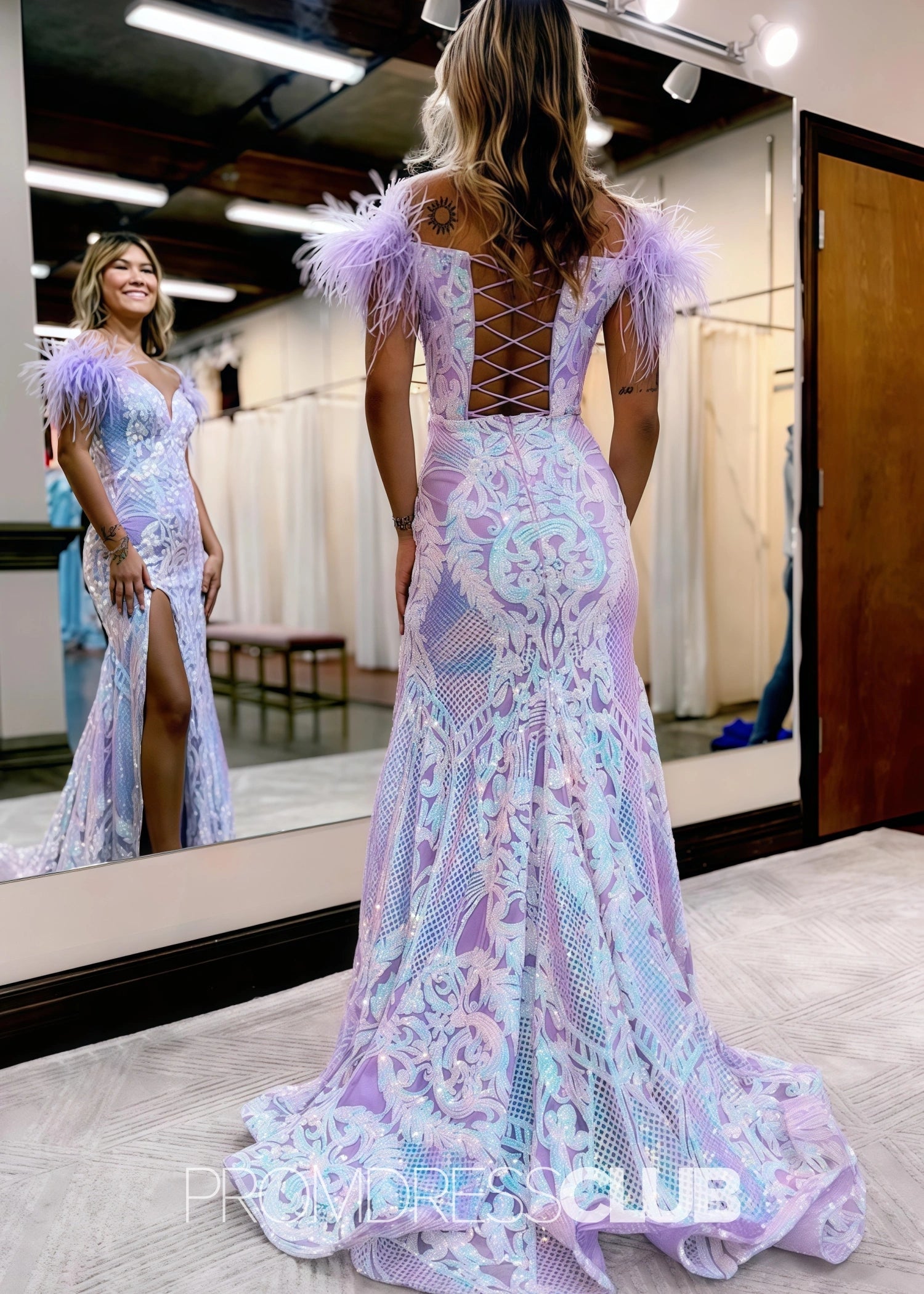 Harriet |Long Glitter Blue Prom Dresses Near Me With Mermaid Off the Shoulder Sequins Feather - Price #price_variant_lowest# - Lilac - PromDressClub