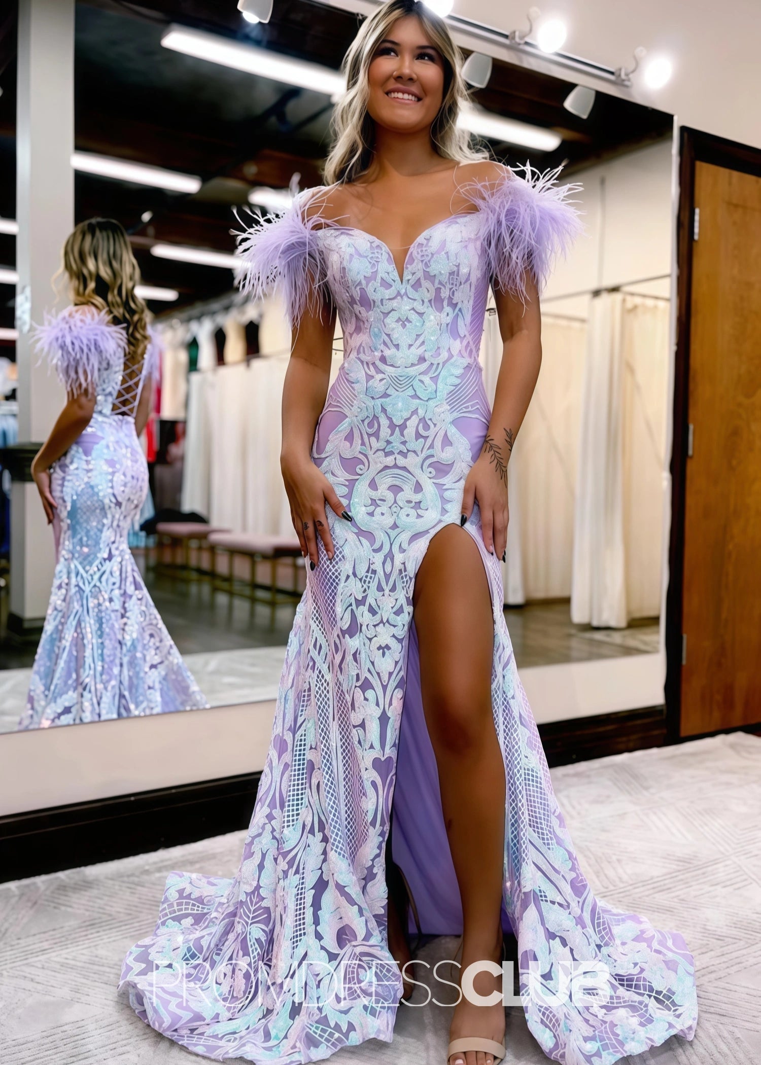 Harriet |Long Glitter Blue Prom Dresses Near Me With Mermaid Off the Shoulder Sequins Feather - Price #price_variant_lowest# - Lilac - PromDressClub