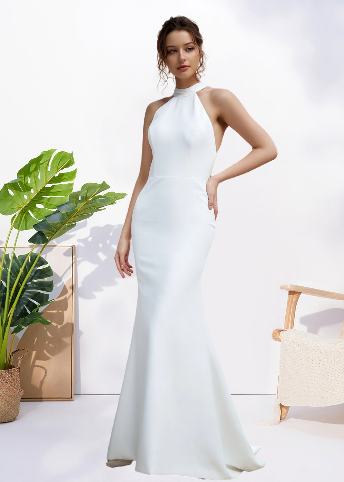 Harriet | Simple Mermaid Halter Neck Backless White Satin Wedding Dress with Bow - Price #price_variant_lowest# - White - PromDressClub