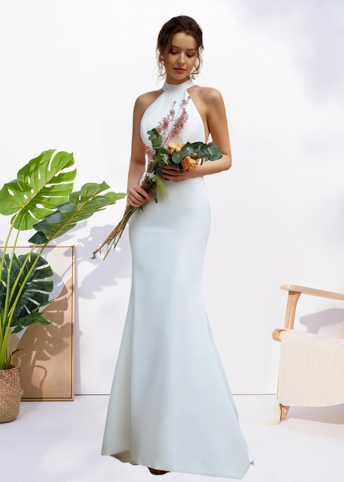 Harriet | Simple Mermaid Halter Neck Backless White Satin Wedding Dress with Bow - Price #price_variant_lowest# - White - PromDressClub